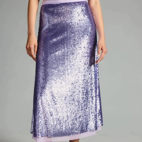 LE SUPERBE Tiny Dancer Lilac Sequin Chiffon Hem Lined Midi Skirt Zip Sz 4 - Picture 2 of 9